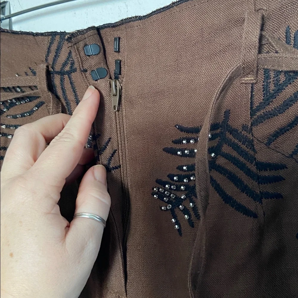 NWOT Zara ZW Collection embroidered hemp wide leg chocolate brown pants